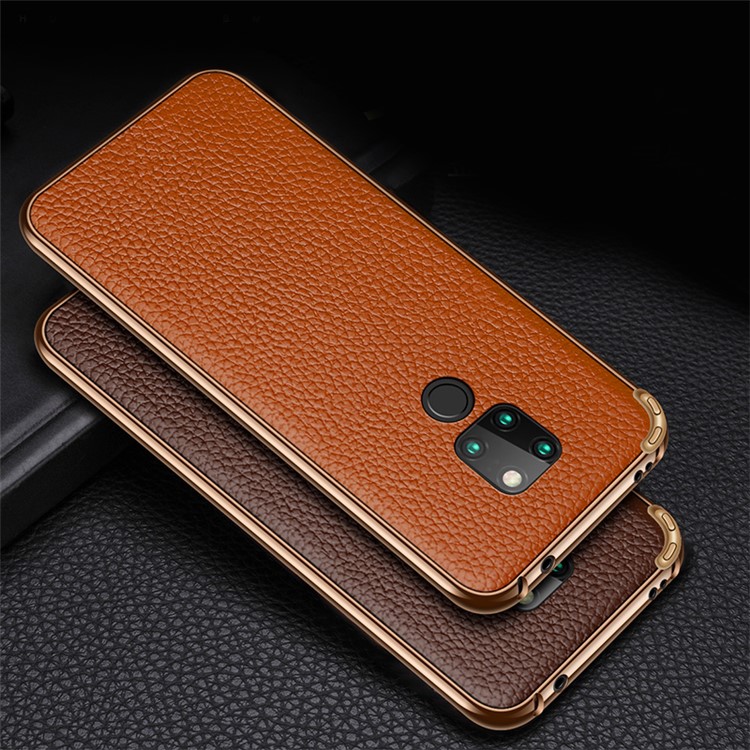 Metal Frame + Litchi Skin Genuine Leather Mobile Phone Shell for Huawei Mate 20 - Brown-2