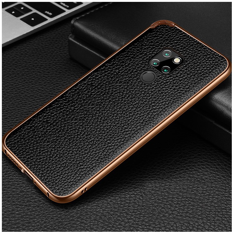 Metal Frame + Litchi Skin Genuine Leather Back Case for Huawei Mate 20 - Black / Brown-1