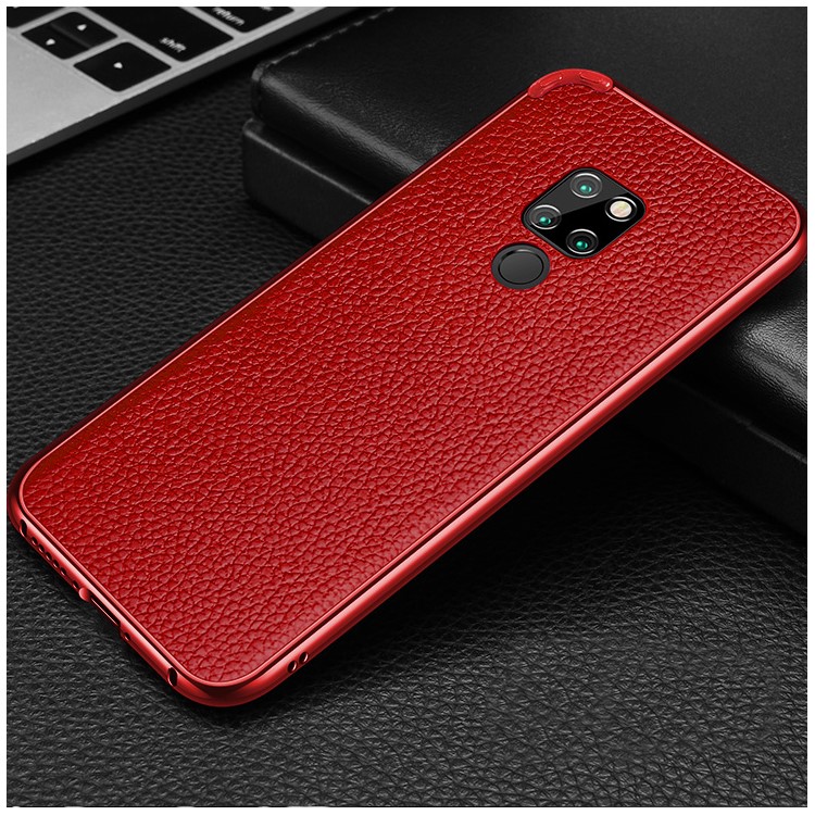 Metal Frame + Litchi Skin Genuine Leather Protection Cover Shell for Huawei Mate 20 - Red-1