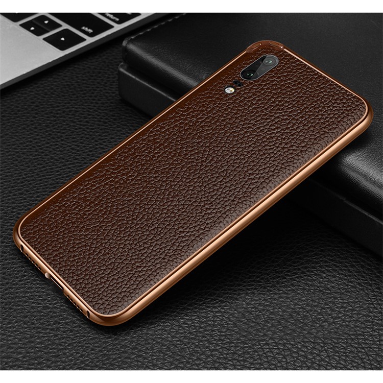 Metal Frame + Litchi Skin Genuine Leather Back Case for Huawei P20 - Coffee-1