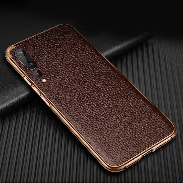 Metal Frame + Litchi Skin Genuine Leather Back Case for Huawei P20 - Coffee-2