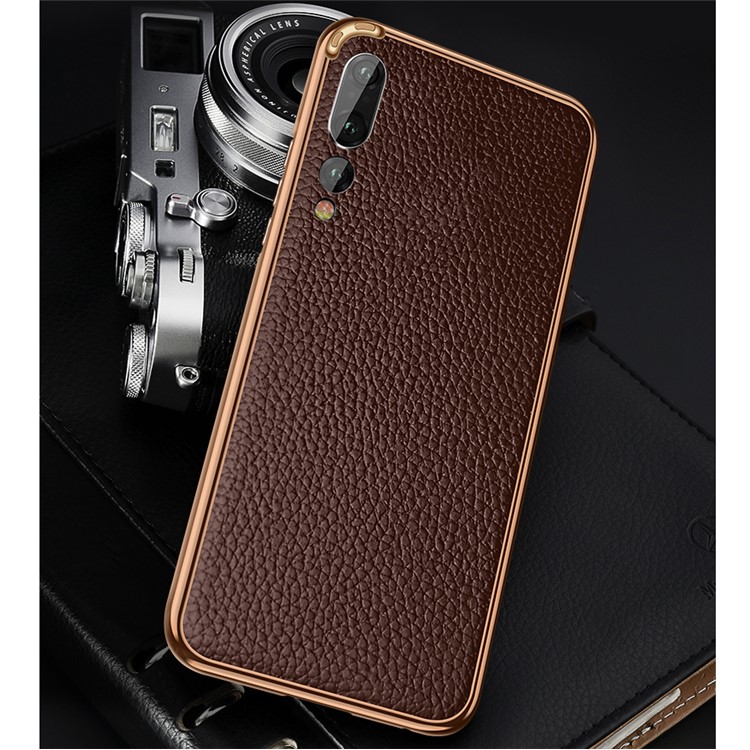 Metal Frame + Litchi Skin Genuine Leather Back Case for Huawei P20 - Coffee-3
