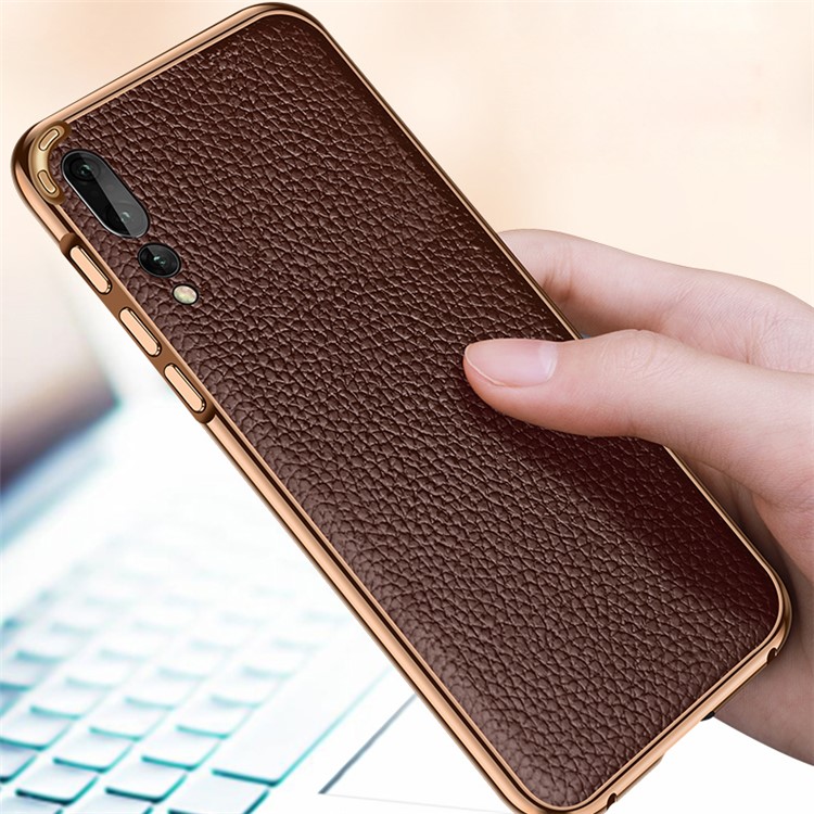 Metal Frame + Litchi Skin Genuine Leather Back Case for Huawei P20 - Coffee-4