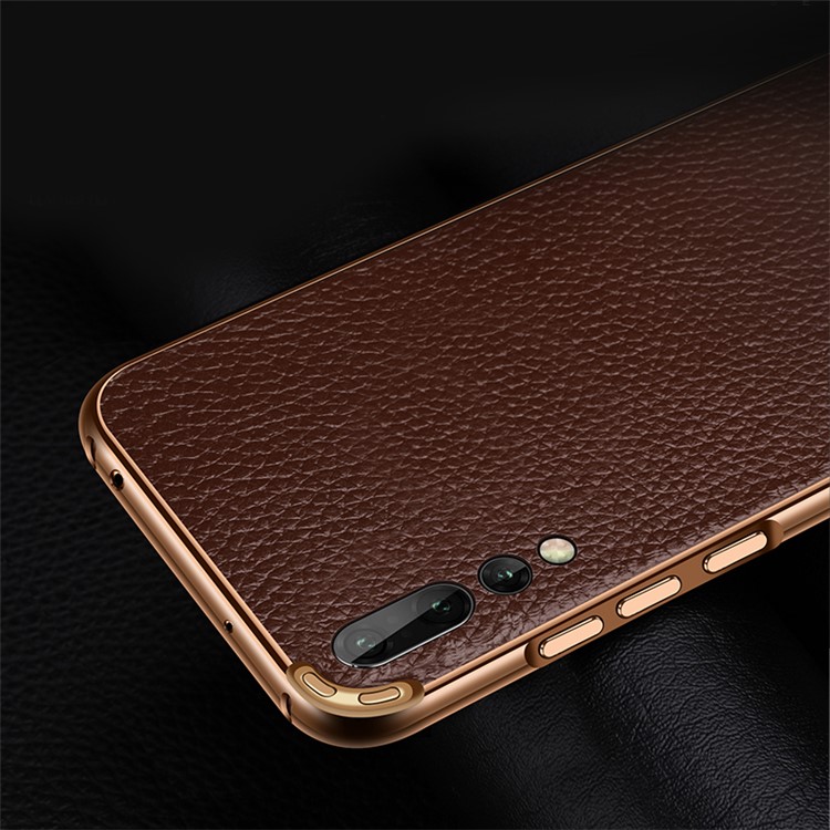Metal Frame + Litchi Skin Genuine Leather Back Case for Huawei P20 - Coffee-7