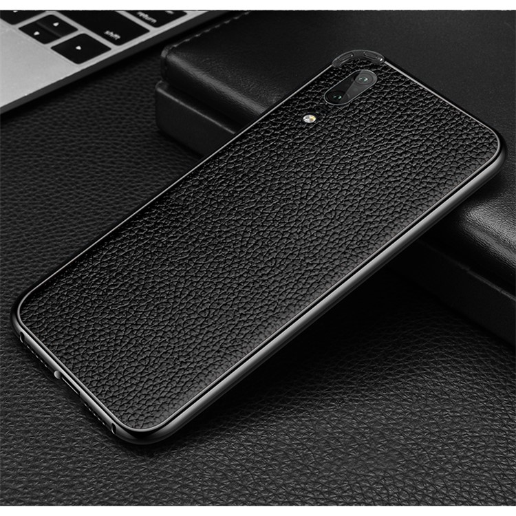 Metal Frame + Litchi Skin Genuine Leather Back Cover for Huawei P20 - All Black-1
