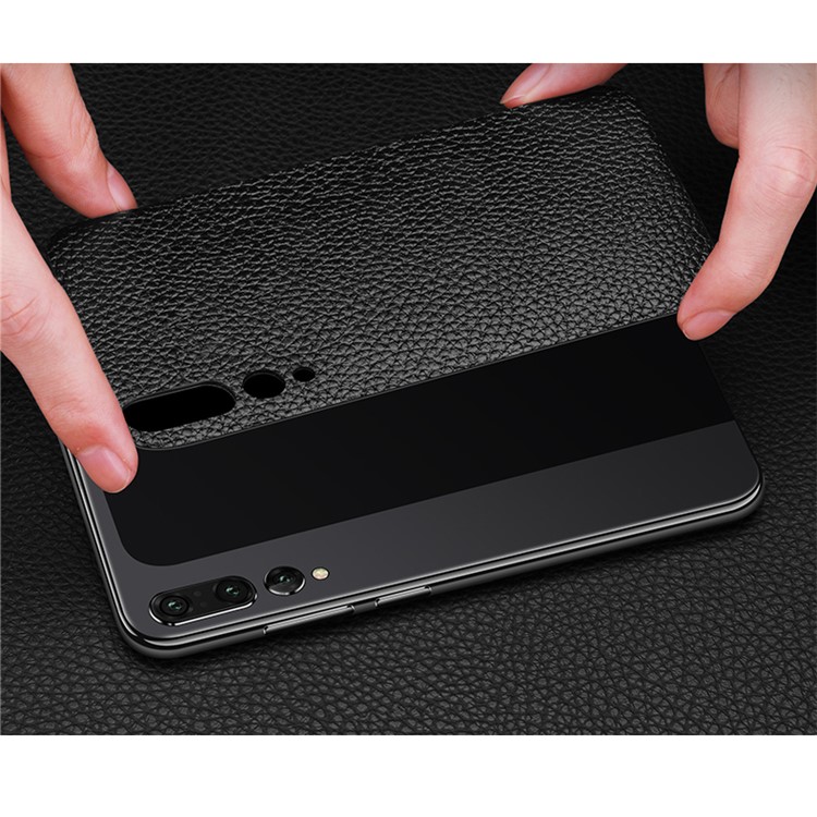 Metal Frame + Litchi Skin Genuine Leather Back Cover for Huawei P20 - All Black-2