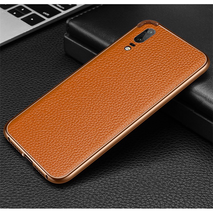 Metal Frame + Litchi Skin Genuine Leather Back Shell for Huawei P20 - Brown-1
