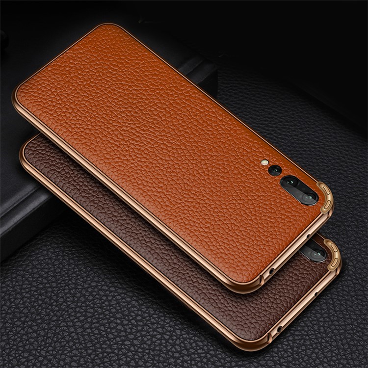 Metal Frame + Litchi Skin Genuine Leather Back Shell for Huawei P20 - Brown-2