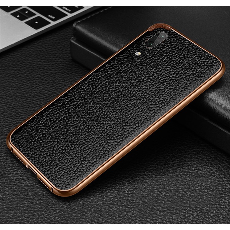 Metal Frame + Litchi Skin Genuine Leather Mobile Phone Casing for Huawei P20 - Black / Brown-1