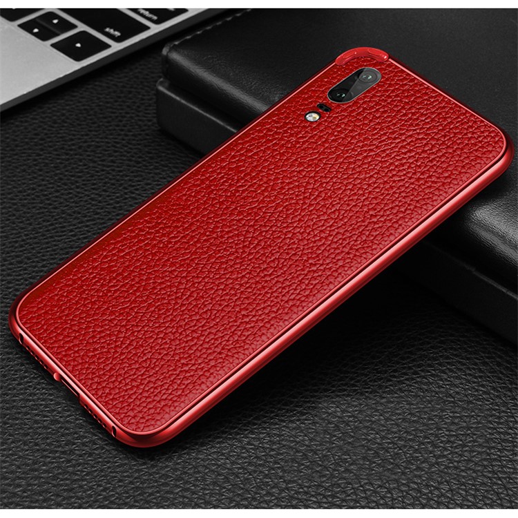Metal Frame + Litchi Skin Genuine Leather Cell Phone Cover for Huawei P20 - Red-1