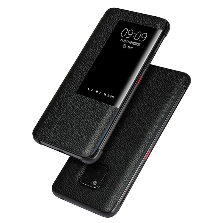 Ver Janela Lichia Pele De Couro Genuíno Flip Case Para Huawei Mate 20 Pro - Preto-1