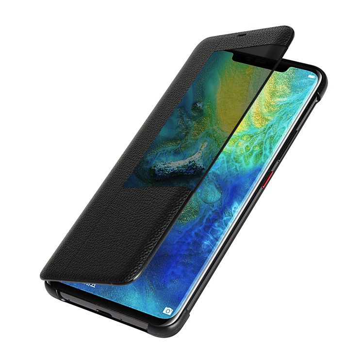 Ver Janela Lichia Pele De Couro Genuíno Flip Case Para Huawei Mate 20 Pro - Preto-2