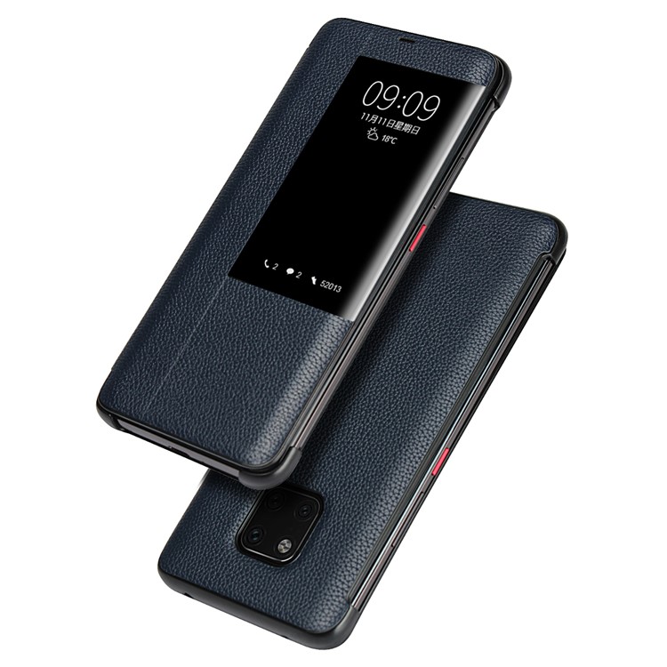 View Window Litchi Skin Genuine Leather Flip Case for Huawei Mate 20 Pro - Dark Blue-1