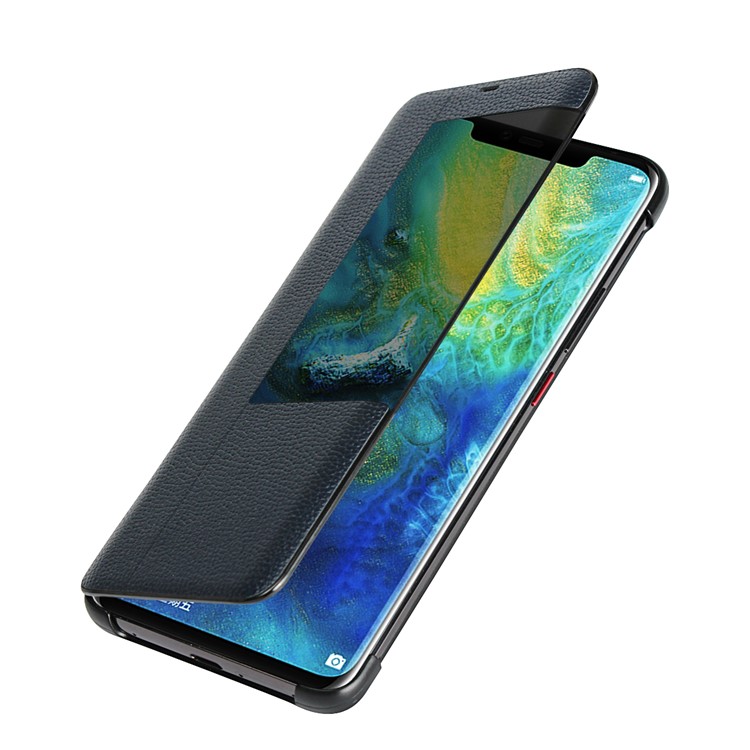 View Window Litchi Skin Genuine Leather Flip Case for Huawei Mate 20 Pro - Dark Blue-2