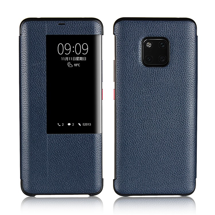 View Window Litchi Skin Genuine Leather Flip Case for Huawei Mate 20 Pro - Dark Blue-3