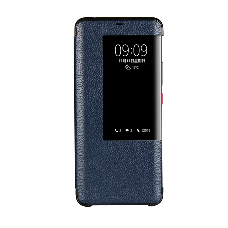 View Window Litchi Skin Genuine Leather Flip Case for Huawei Mate 20 Pro - Dark Blue-4
