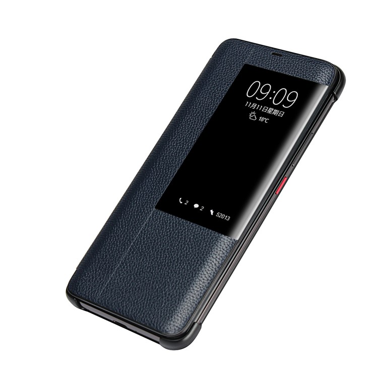 View Window Litchi Skin Genuine Leather Flip Case for Huawei Mate 20 Pro - Dark Blue-6