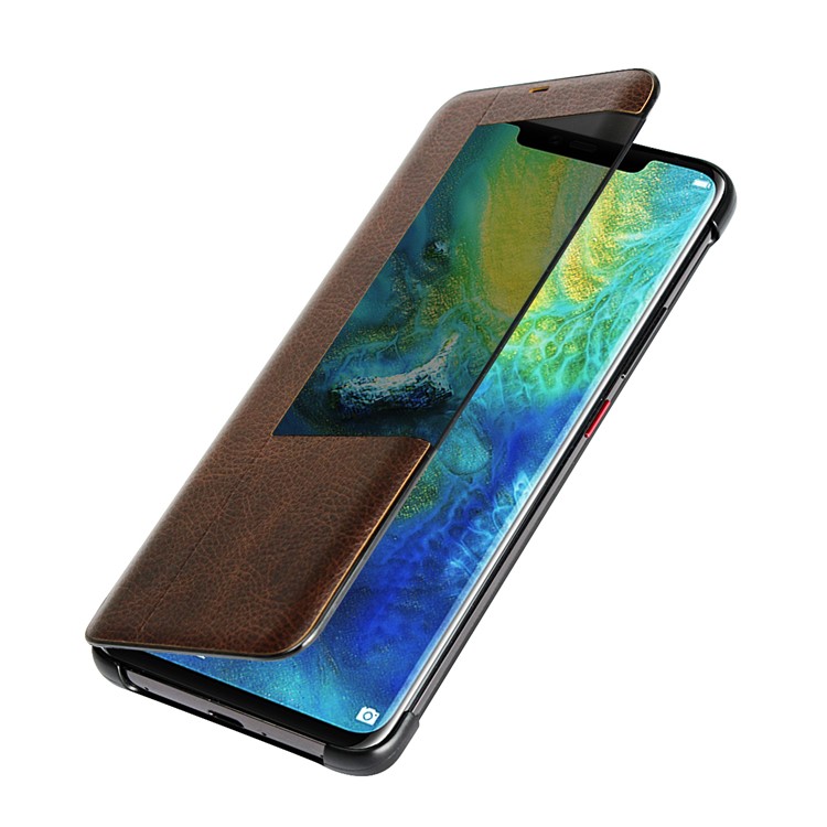 Ver Ventana Litchi Piel Cubierta De Cuero Genuino Para Huawei Mate 20 Pro - Café-2