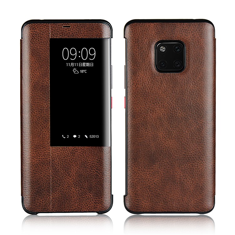 Ver Ventana Litchi Piel Cubierta De Cuero Genuino Para Huawei Mate 20 Pro - Café-3