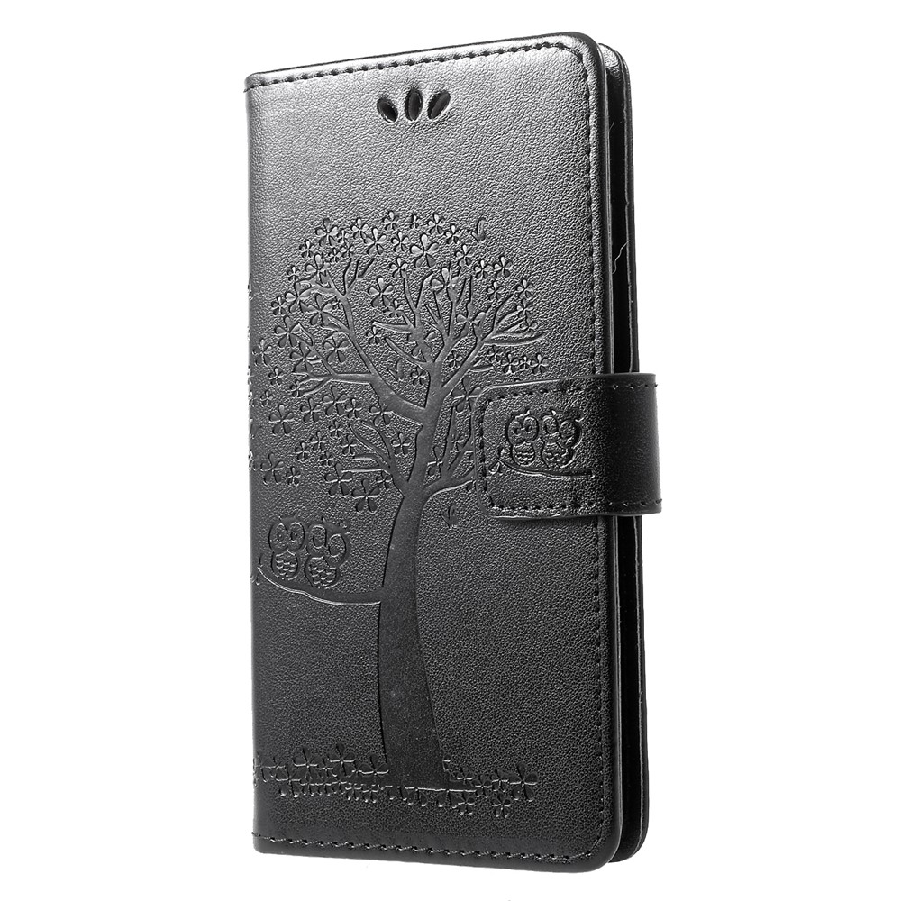 Imprint Tree Owl Pattern Card Holder Leather Cell Phone Casing for Huawei P30 Lite - Black-3