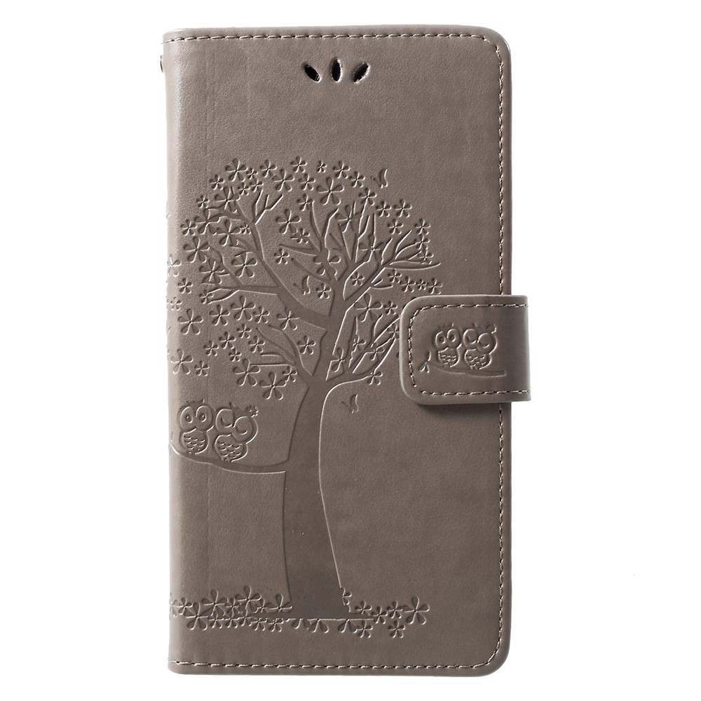 Imprint Tree Owl Pattern Card Holder Leather Cell Phone Cover for Huawei P30 Lite - Grey-1