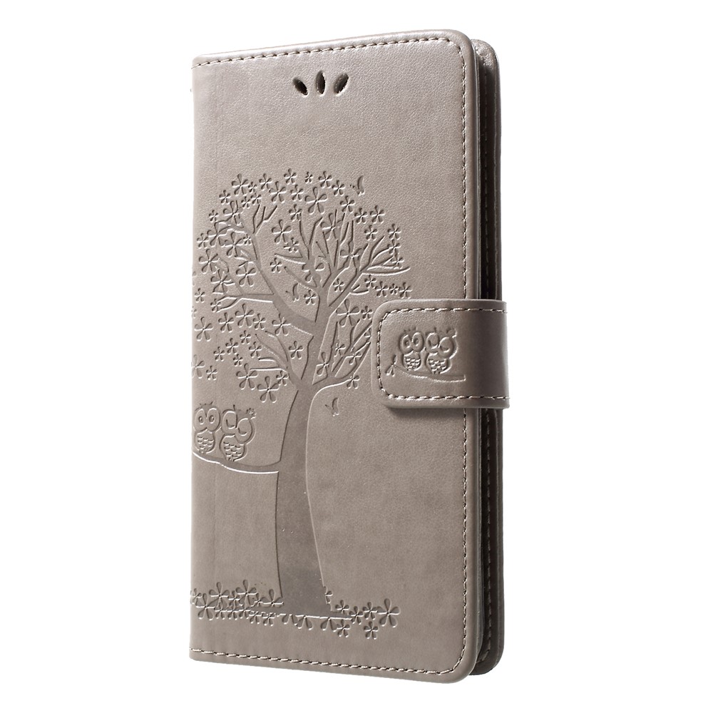Imprint Tree Owl Pattern Card Holder Leather Cell Phone Cover for Huawei P30 Lite - Grey-3