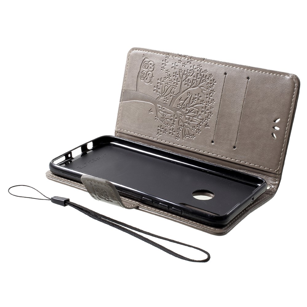 Imprint Tree Owl Pattern Card Holder Leather Cell Phone Cover for Huawei P30 Lite - Grey-5