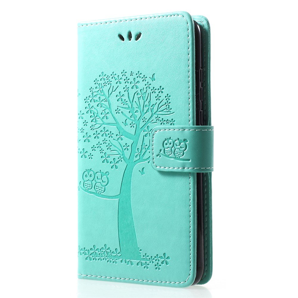 Imprint Tree Owl Pattern Card Holder Leather Mobile Case for Huawei P30 Lite - Cyan-3