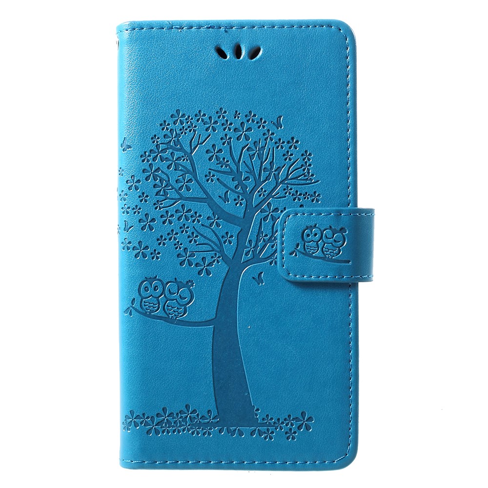 Tampa Móvel Do Couro Do Suporte De Cartão Do Teste Padrão Da Coruja Da Árvore Da Impressão Para O Huawei P30 Lite - Azul-1