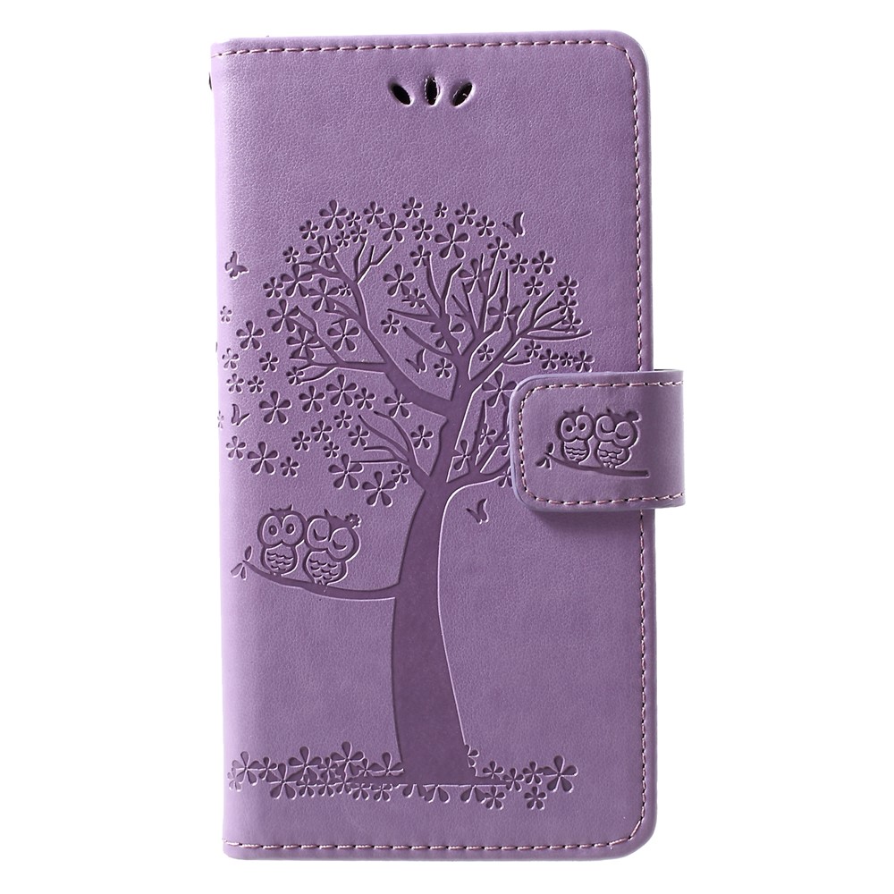 Imprint Tree Owl Pattern Card Holder Leather Mobile Shell for Huawei P30 Lite - Light Purple-1