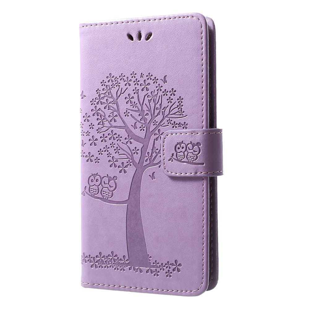 Imprint Tree Owl Pattern Card Holder Leather Mobile Shell for Huawei P30 Lite - Light Purple-3
