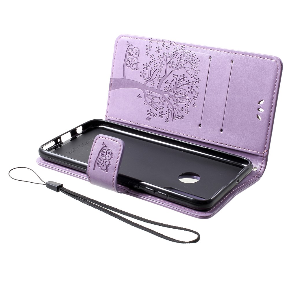 Imprint Tree Owl Pattern Card Holder Leather Mobile Shell for Huawei P30 Lite - Light Purple-5