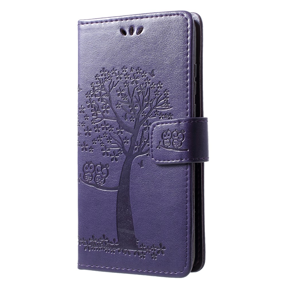 Imprint Tree Owl Pattern Card Holder Leather Cellphone Shell for Huawei P30 Lite - Dark Purple-3