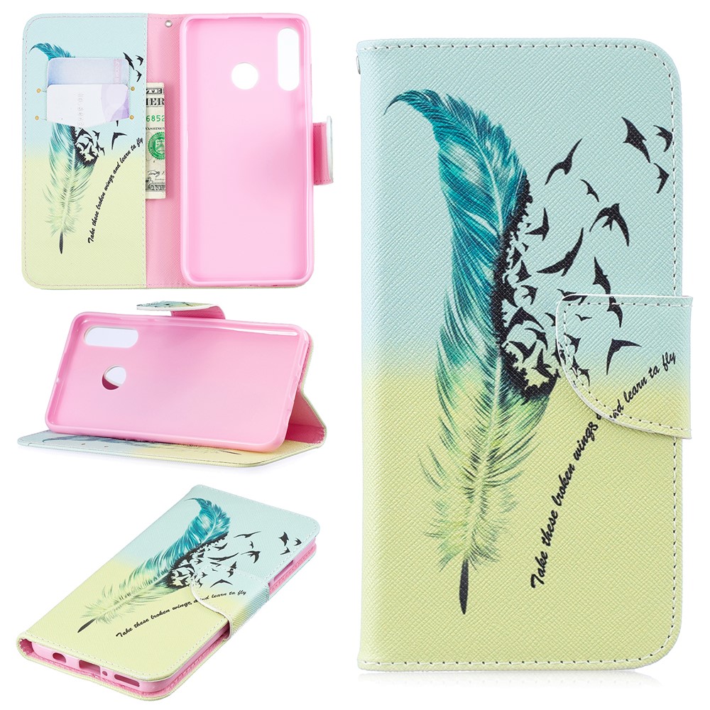 Patterned Wallet Stand Leather Shell Case for Huawei P30 Lite/nova 4e/P30 Lite New Edition - Feather and Bird-1