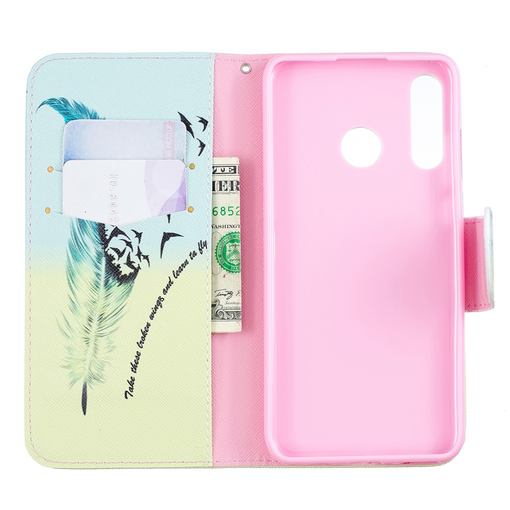 Patterned Wallet Stand Leather Shell Case for Huawei P30 Lite/nova 4e/P30 Lite New Edition - Feather and Bird-8