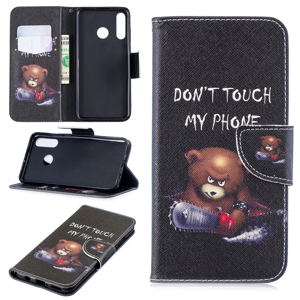 Wallet Stand Patterned Leather Case Accessory for Huawei P30 Lite/nova 4e/P30 Lite New Edition - Bear and Warning Words-1