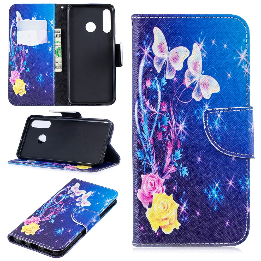 For Huawei P30 Lite Pattern Printing Leather Stand Cell Phone Case - Roses and Butterflies-1