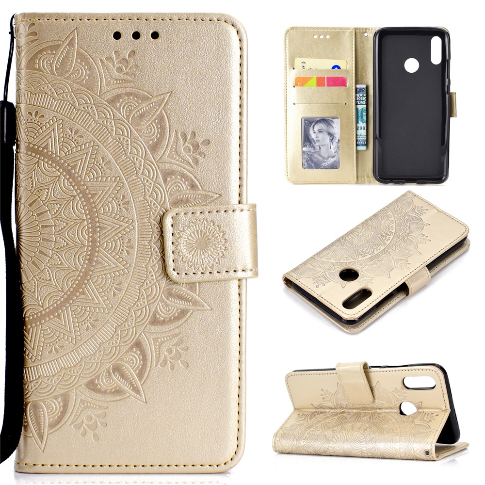 Imprint Flower Leather Wallet Phone Case for Huawei P Smart (2019) / Honor 10 Lite - Gold-1