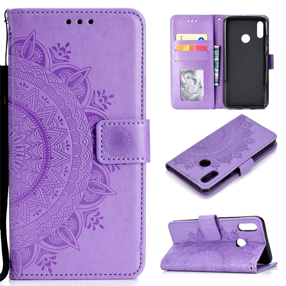 Imprint Flower Magnetic Leather Wallet Case for Huawei P Smart (2019) / Honor 10 Lite - Purple-1