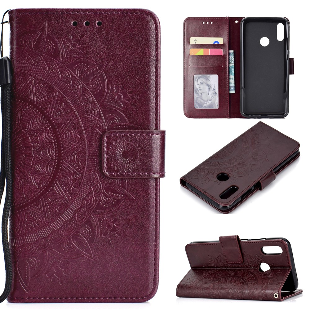 Imprint Flower Leather Wallet Shell Case Cover for Huawei P Smart (2019) / Honor 10 Lite - Brown-1