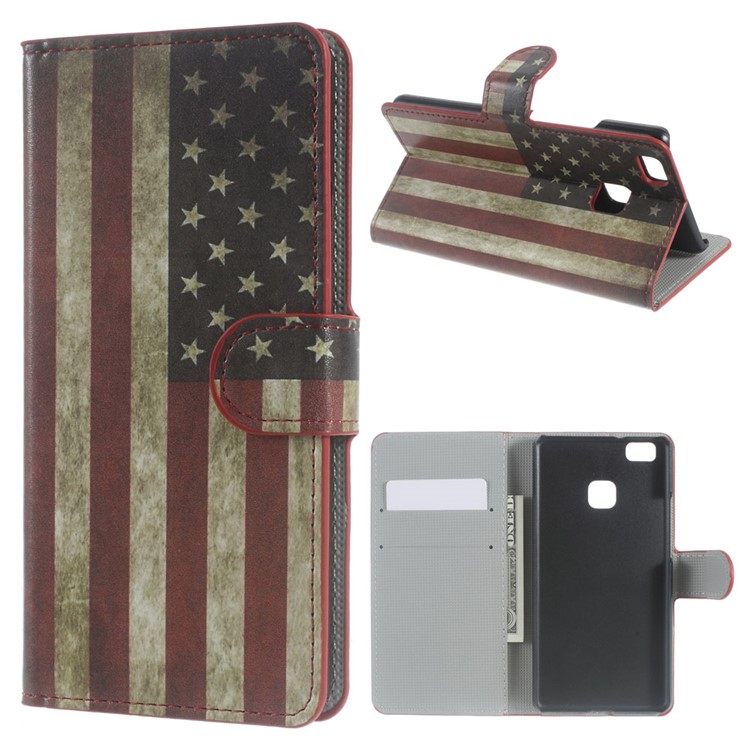 Leather Case Wallet Cover for Huawei P9 Lite - Vintage US American Flag-1