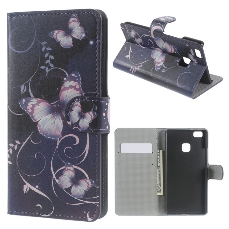Leather Wallet Cover Card Holder for Huawei P9 Lite - Purple Butterflies and Vines-1