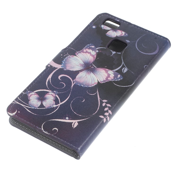 Leather Wallet Cover Card Holder for Huawei P9 Lite - Purple Butterflies and Vines-4