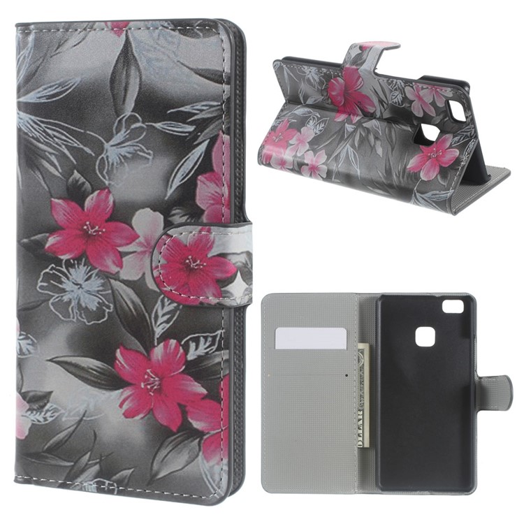 Leather Wallet Case Flip Cover for Huawei P9 Lite - Red Blooming Flowers-1