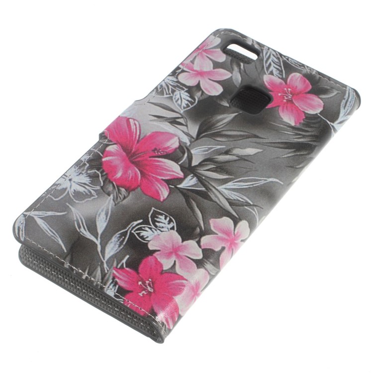 Leather Wallet Case Flip Cover for Huawei P9 Lite - Red Blooming Flowers-4