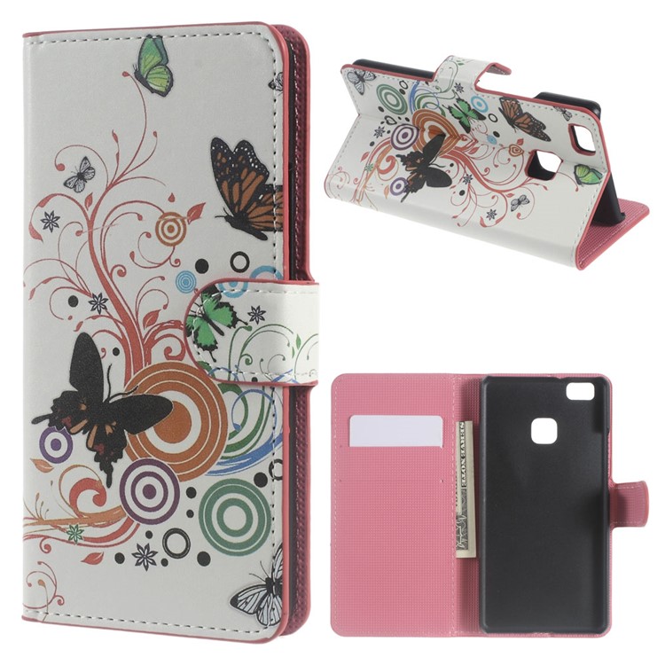Wallet Leather Cover for Huawei P9 Lite - Colorful Butterflies and Circles-1