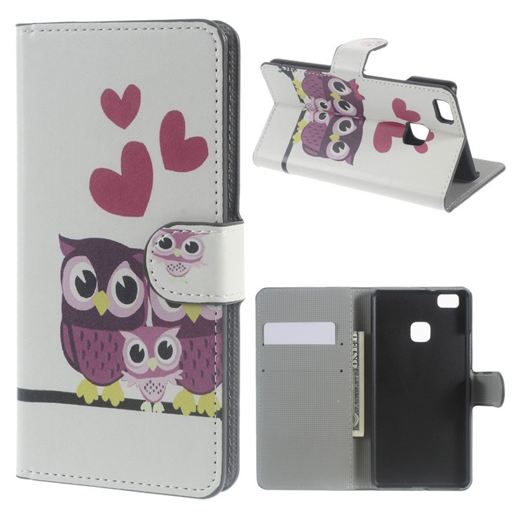 Stand Card Holder Leather Cover for Huawei P9 Lite - Sweet Owl Family-1