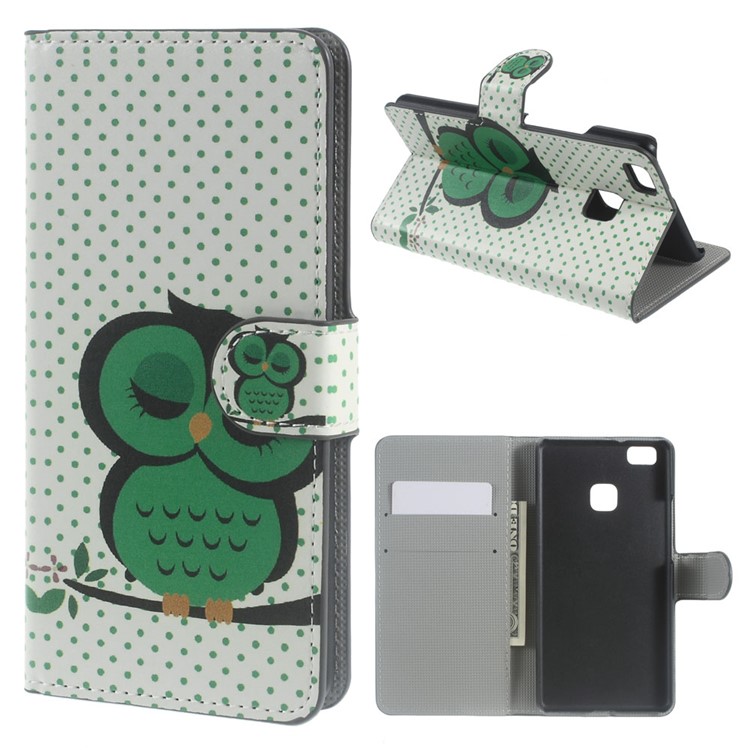 Leather Case Wallet Card Holder for Huawei P9 Lite - Green Napping Owl-1