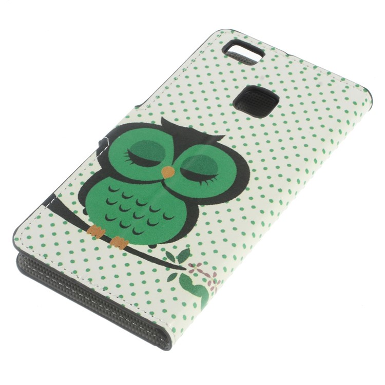 Leather Case Wallet Card Holder for Huawei P9 Lite - Green Napping Owl-4