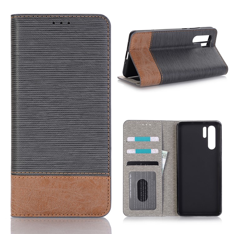 Bi-color Toothpick Texture Leather Wallet Case for Huawei P30 Pro - Black-1